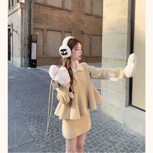 Chic Cream Women's Coat with Skirt Sets